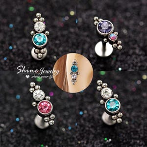 Opal Crystal Dots Bar Ball Ear Cartilage Helix Tragus Conch Stud Earrings, 16g Hypoallergenic Pink Purple Blue Ear Nose Labret Stud Piercing