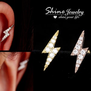 Crystal Lightning Flash Stud Earring, Silver / Rose / Gold Helix / Conch / Cartilage/ Tragus Stud Earring, 20g Screw Back Climber Earring