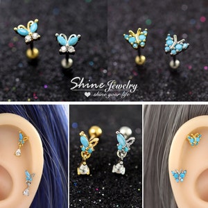 20g Blue Turquoise Butterfly Earring, Butterfly Ear Cartilage Helix Tragus Stud Earring, Screw Back Barbell Surgical Steel Ear Piercing