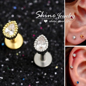 Silver/Gold Dainty Crystal Droplet Ear Cartilage Helix Tragus Conch Stud Earrings, Surgical Steel Flat Back Ear Nose Labret Stud Piercing