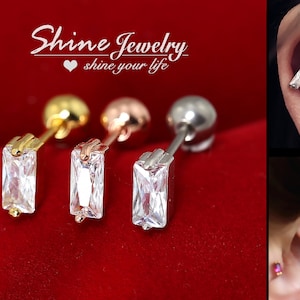 Silver/Gold/Rose Baguette Ice Bar Ear Cartilage Helix Tragus Conch Stud Earring, Minimalist Earrings, Surgical Steel Screw Back Ear Piercing