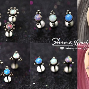 Opal Dots Vintage Bar Ball Ear Cartilage Helix Tragus Conch Stud Earrings, 16g G23 Ttanium Hypoallergenic Ear Nose Labret Stud Piercing