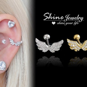Crystal Angle Wing Stud Earring, Helix Earring, Cartilage Earring, Tragus Earring, Conch Earring, 20g Screw Back Bar Ear Piercing Earring