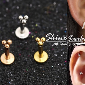 Silver/Gold/Rose Mini Triangle Ball Ear Cartilage Helix Tragus Conch Stud Earrings, Surgical Steel Flat Back Ear Nose Labret Stud Piercing