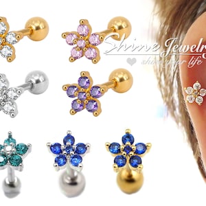 16g Crystal Flower Stud Earring, Ear Cartilage Stud, Helix Stud, Conch Stud, Tragus Stud, Pink/Blue/Purple/Turquiose Crystal Stud Earrings