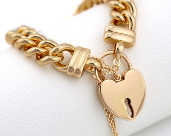 Yellow/Rose/White Gold Filled Heart Padlock Bracelet, Womens Chunky Chain Bracelet, Curb Chain Bangle Bracelet, Vintage Padlock Bracelet