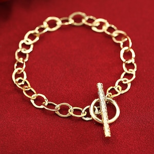 18CT Gold Filled Toggle Bracelet, Cable Links Chain Bracelet,  Hammered Bar Chic Bracelet, 18cm / 7&#39; 6mm Band Bracelet, Gift for Her / Mum