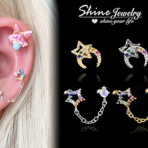 Rainbow Color Crystal Star Moon Earring, Double Piercing Chain Drop Earring, Screw Back Bar Conch / Helix / Cartilage / Tragus Stud Earring