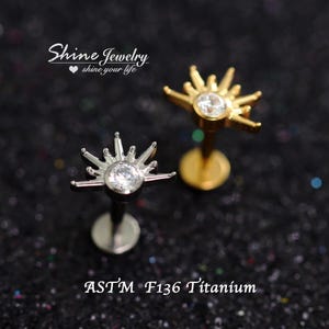 Half Sun Burst Bar Ball Ear Cartilage Helix Tragus Conch Stud Earrings, 16g F136 Ttanium Hypoallergenic Ear Nose Lip Labret Stud Piercing