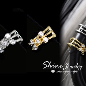 Filigree Trio Band Floating Crystal Ear Cuff Earring, Conch Piercing, Fake Piercing, None Pierced Earring, Helix Cartilage Cuff Earring