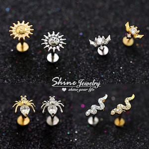 Vintage Sun, Crystal Spider, Devil, Snake Bar Ear Cartilage Helix Tragus Conch Stud Earrings, 316L Steel Flat Back Ear Labret Stud Piercing