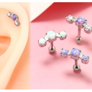 Trilogy White/Purple Opal Gem Crystal Ear Climber Ear Cartilage Helix Stud Earring Bar Ball Surgical Steel Body Piercing