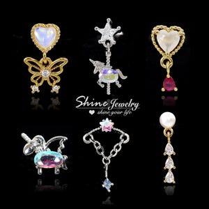 Butterfly / Unicorn / Star/ Love Heart / Pearl Dangle Chain Drop Helix / Cartilage / Tragus Earring, Screw Back Bar Steel Piercing Earring