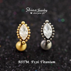 Marquise Dots Bar Ball Ear Cartilage Helix Tragus Conch Stud Earrings, 16g F136 Ttanium Hypoallergenic Ear Nose Lip Labret Stud Piercing