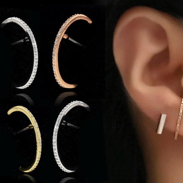 Minimalist Crystal Ear Cuff Stud Earring, Ear Wrap, Half Ring Hoop Curved Bar Ear Lobe Stud Earring, Surgical Steel Post Bar Ear Piercing