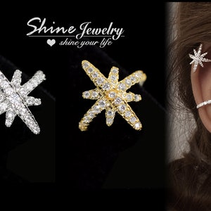 Crystal Star Burst Ear Cuff Earring, Gold / Silver Ear Cuff, Conch Piercing, Fake Piercing, None Pierced Earring, Party Cuff Earring