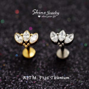 3-Marquise Crown Bar Ball Ear Cartilage Helix Tragus Conch Stud Earrings, 16g F136 Ttanium Hypoallergenic Ear Nose Lip Labret Stud Piercing