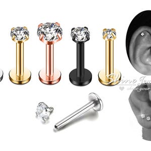 Internally Threaded Flat Back 2-4mm Round CZ Ring Bar Stud Earring, 16g Ear Cartilage Conch Helix Tragus Nose Lip Piercing, Body Piercing