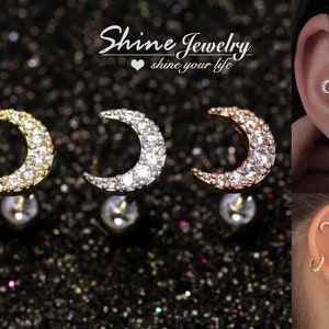 Silver/Gold/Rose Crystal Moon Ear Cartilage Helix Tragus Conch Stud Earrings, Minimalist Earrings, Surgical Steel Screw Back Ear Piercing