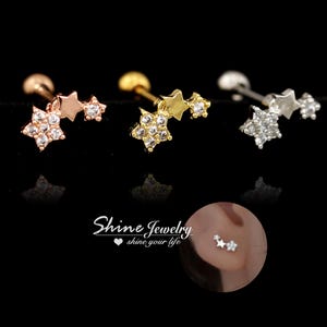 Trilogy 3-Star Ear Climber, Stars Curve Bar Ear Cartilage Helix Conch Percing Ring, Screw Back Surgical Steel Body Piercing Earring, 20g