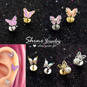 Pink Purple Butterfly Stud Earring, Butterfly Ear Cartilage Helix Tragus Stud Earring, Disc Flat Back Barbell Surgical Steel Ear Piercing