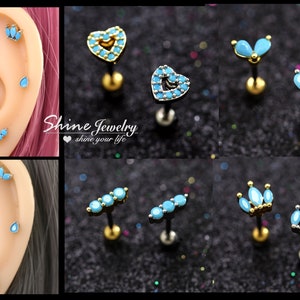 Blue Turquoise Droplet / Crown / Heart / Bar Ear Cartilage Helix Tragus Climber Stud Earring, Screw Back Barbell Surgical Steel Ear Piercing