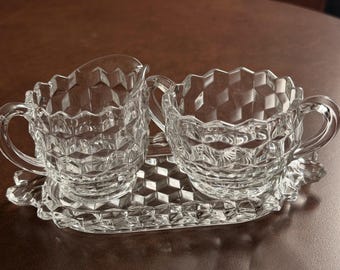 Fostoria American Cubist Prismatic Creamer and Sugar Set with Tray