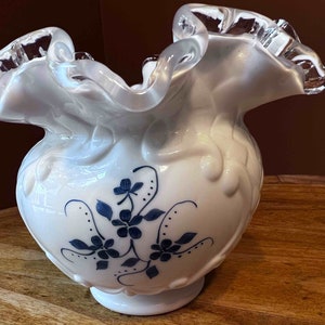Fenton Silvercrest Elizabeth Ruffled Milk Glass Bowl/Vase with Blue Flowers
