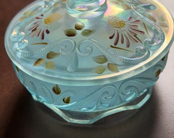 Fenton 100th Anniversary Aqua Blue Satin Iridescent Covered Dish