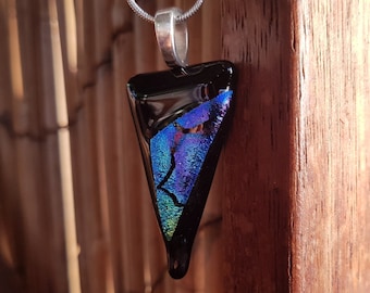 Fused Glass Black Necklace with Green, Blue and Purple Dichroic, Eye Catching Triangle Shape, Feminine, Pretty Sparkly Pendant, Perfect Gift