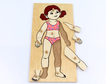 Wooden puzzle, natural educational game for toddler, Learning body Girl and Boy