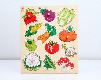 Mixed Vegetables and Fruits Puzzle, Wooden Puzzle, Learning Vegetables and Fruits, Handmade