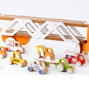 Brinquedo de caminhão de madeira, carro de madeira, caminhão transportador e carros, carros de madeira para crianças, presente para crianças, carros profissionais, trailer de trator de madeira