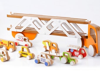 Wooden Truck Toy, Wooden Car, Carrier Truck and Cars, Wooden Cars for Children Gift for Kids, Profession Cars, Wooden Tractor Trailer