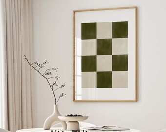 Estampa xadrez verde-musgo: arte geométrica minimalista (download digital)