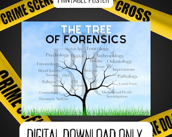May include: A printable poster with a tree diagram titled "The Tree of Forensics". The tree branches out to show different forensic disciplines, including toxicology, anthropology, botany, odontology, arson, biology, impressions, pathology, latent prints, and medicolegal death investigation.