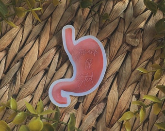 May include: A pink stomach-shaped sticker with the text "Stomach of Steel" in white cursive lettering.