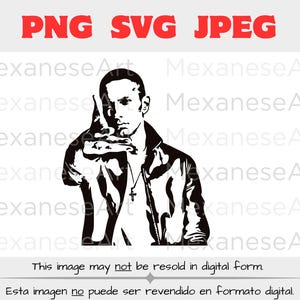 May include: Black and white silhouette of a person with a serious expression, wearing a jacket and a necklace with a cross pendant. The person is making a hand gesture with their right hand.