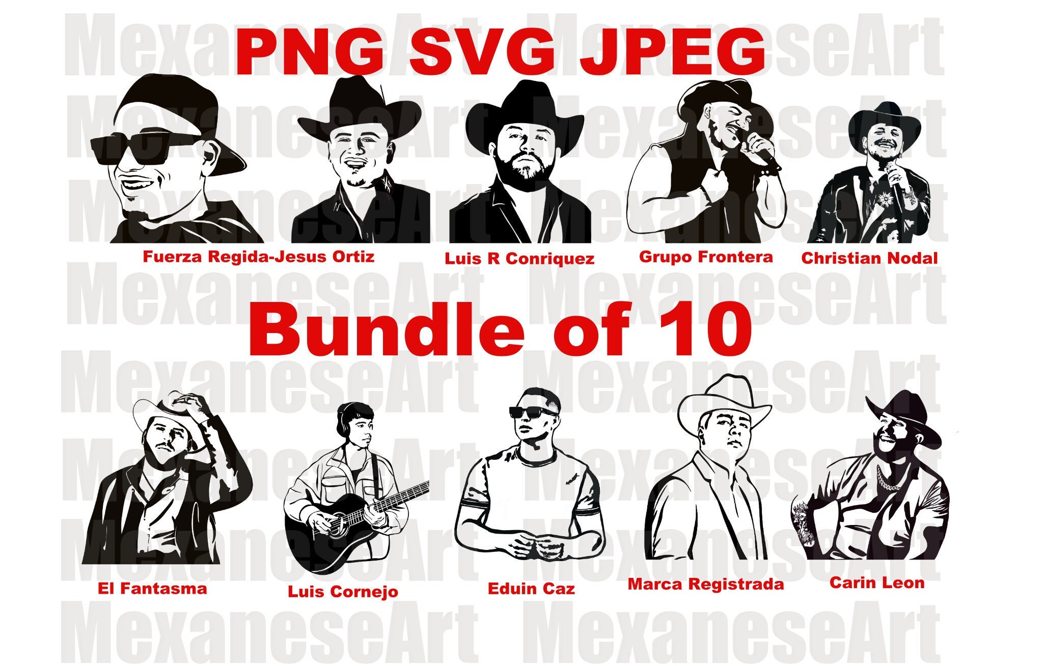Carin Leon,Eduin Caz,Grupo Frontera,Fuerza Regida,Marca Regida,El Fantasma,Luis Conriquez,Nodal,Ivan Cornejo,PNG, JPG,SVG,Mexican,silhouette