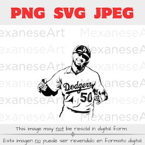 May include: Black and white silhouette of a baseball player wearing a Dodgers jersey with the number 50 on the front. The player is in a throwing position with his right arm extended.