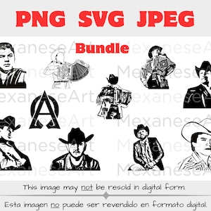 May include: A digital download bundle of 10 black and white vector illustrations of men wearing cowboy hats and other western attire. The illustrations include the letter A, a man playing an accordion, and a man with a guitar. The text "PNG SVG JPEG Bundle" is at the top of the image.
