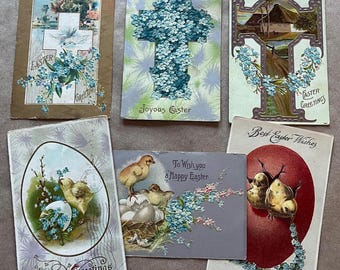 Antique Easter Postcards group of 6 Forget-Me-Nots Blue Flowers Crosses Chicks Eggs Spring Decorating