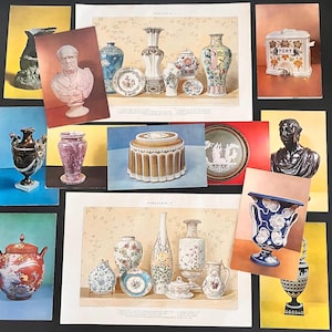 May include: A collection of vintage porcelain art prints featuring vases, plates, and busts. The prints showcase various designs, including floral patterns, classical figures, and decorative elements. The color palette includes blues, whites, reds, and yellows.