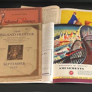 May include: A vintage magazine cover featuring a colorful illustration of an amusement park with a roller coaster, Ferris wheel, and other attractions. The cover text reads "Monuments of Industry - Amusements No. 5".