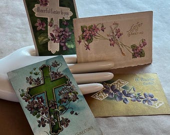 Antique Easter Postcards group of 6 Forget-Me-Nots Blue Flowers Crosses Chicks Eggs Spring Decorating