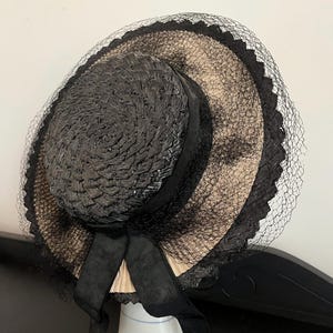 Vintage Boater Hat Black Cream Lace Floral Wide Brim Skimmer Formal Hat Vintage Skimmer Hat - Etsy main image 3