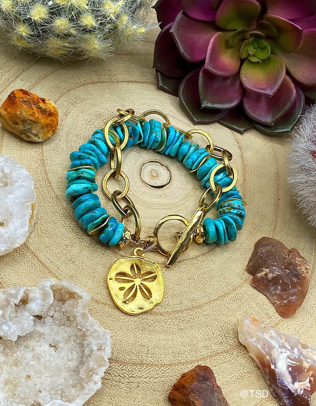 Turquoise and Gold Bracelet, Turquoise and Gold Chain, Sonoran