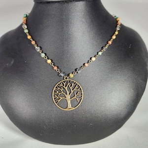 Tree of Life Pendant Necklace, gemstone rosary chain, antique gold