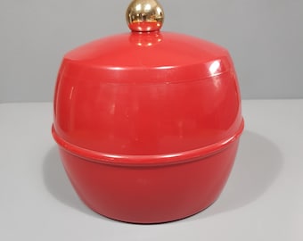 Vintage 1970s Red Plastic Ice Bucket with Gold Finial and Cream Interior
