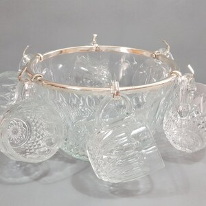 Vintage chrome-rimmed 6-cup Moulded Glass Punch Bowl